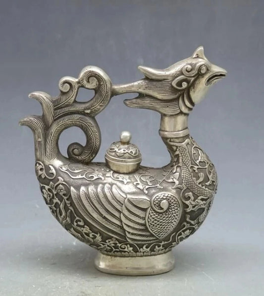 Chinese Tibet silver Phoenix bird Wine Tea Pot Flagon Claret Jug Statue