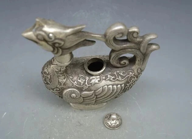 Chinese Tibet silver Phoenix bird Wine Tea Pot Flagon Claret Jug Statue