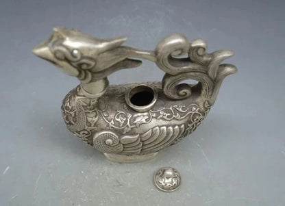 Chinese Tibet silver Phoenix bird Wine Tea Pot Flagon Claret Jug Statue