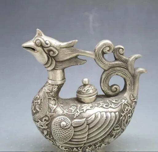 Chinese Tibet silver Phoenix bird Wine Tea Pot Flagon Claret Jug Statue