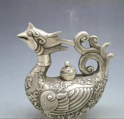 Chinese Tibet silver Phoenix bird Wine Tea Pot Flagon Claret Jug Statue