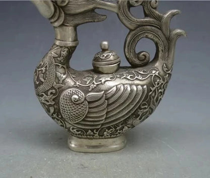 Chinese Tibet silver Phoenix bird Wine Tea Pot Flagon Claret Jug Statue