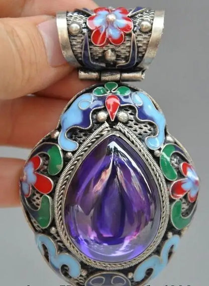 Chinese Tibetan Silver Cloisonne Inlay Sapphire Blue Gem Flower Pendant Jewelry