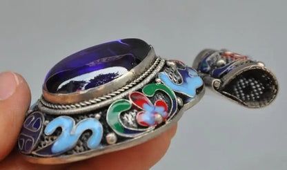 Chinese Tibetan Silver Cloisonne Inlay Sapphire Blue Gem Flower Pendant Jewelry