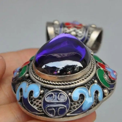 Chinese Tibetan Silver Cloisonne Inlay Sapphire Blue Gem Flower Pendant Jewelry