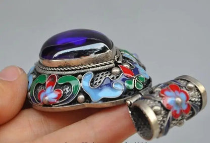 Chinese Tibetan Silver Cloisonne Inlay Sapphire Blue Gem Flower Pendant Jewelry