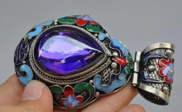 Chinese Tibetan Silver Cloisonne Inlay Sapphire Blue Gem Flower Pendant Jewelry