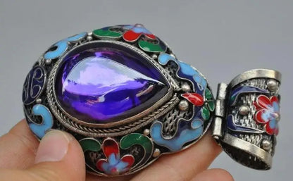 Chinese Tibetan Silver Cloisonne Inlay Sapphire Blue Gem Flower Pendant Jewelry