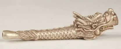 Chinese Tibetan silver hand-carved dragon smoking pipe