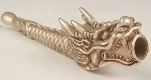 Chinese Tibetan silver hand-carved dragon smoking pipe