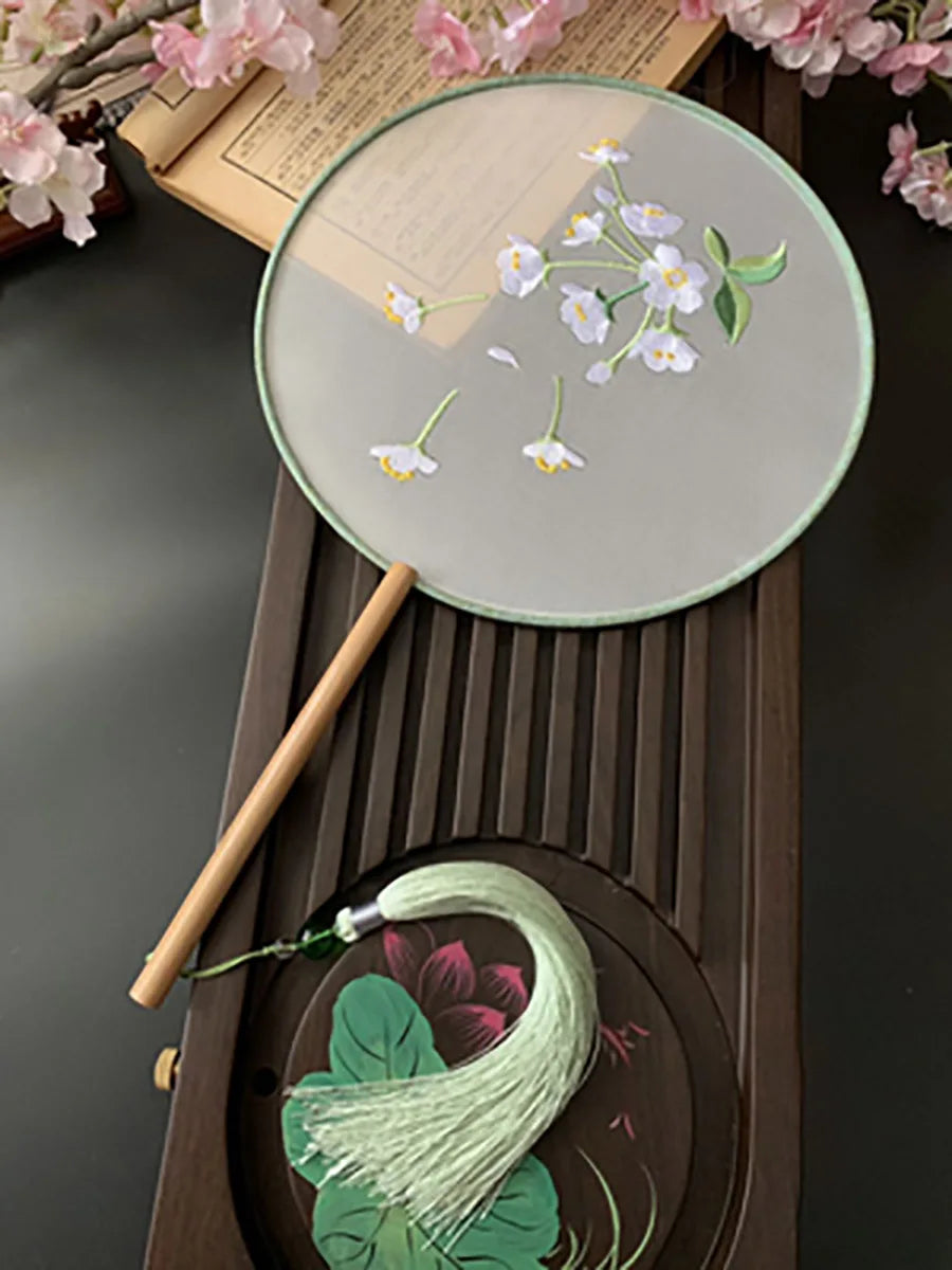 Chinese Traditional Art Embroidery Wooden Hand Fan Classical Ancient Dance Costume Han Fu Cheongsam with Long Handle Tassel