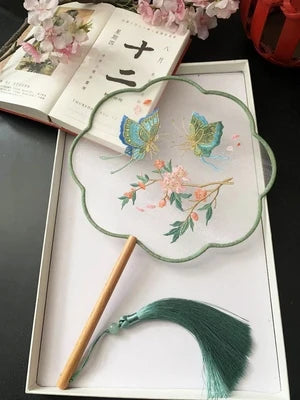 Chinese Traditional Art Embroidery Wooden Hand Fan Classical Ancient Dance Costume Han Fu Cheongsam with Long Handle Tassel