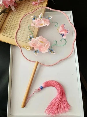 Chinese Traditional Art Embroidery Wooden Hand Fan Classical Ancient Dance Costume Han Fu Cheongsam with Long Handle Tassel