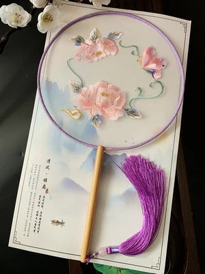 Chinese Traditional Art Embroidery Wooden Hand Fan Classical Ancient Dance Costume Han Fu Cheongsam with Long Handle Tassel
