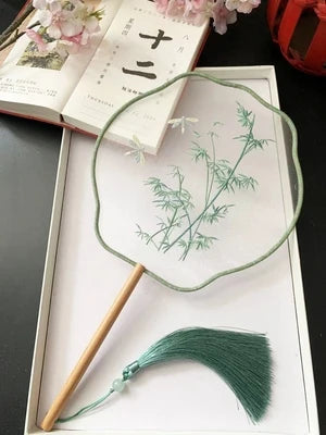 Chinese Traditional Art Embroidery Wooden Hand Fan Classical Ancient Dance Costume Han Fu Cheongsam with Long Handle Tassel