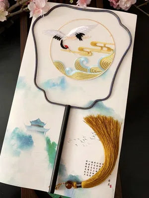 Chinese Traditional Art Embroidery Wooden Hand Fan Classical Ancient Dance Costume Han Fu Cheongsam with Long Handle Tassel