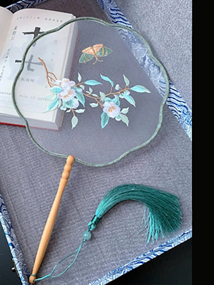Chinese Traditional Art Embroidery Wooden Hand Fan Classical Ancient Dance Costume Han Fu Cheongsam with Long Handle Tassel