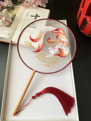 Chinese Traditional Art Embroidery Wooden Hand Fan Classical Ancient Dance Costume Han Fu Cheongsam with Long Handle Tassel