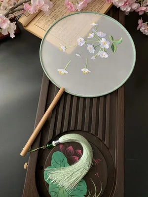 Chinese Traditional Art Embroidery Wooden Hand Fan Classical Ancient Dance Costume Han Fu Cheongsam with Long Handle Tassel