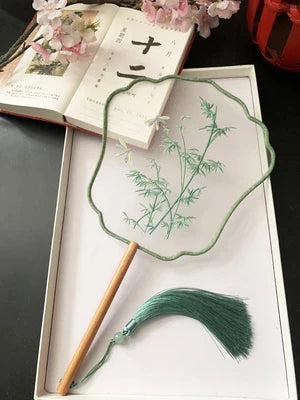 Chinese Traditional Art Embroidery Wooden Hand Fan Classical Ancient Dance Costume Han Fu Cheongsam with Long Handle Tassel