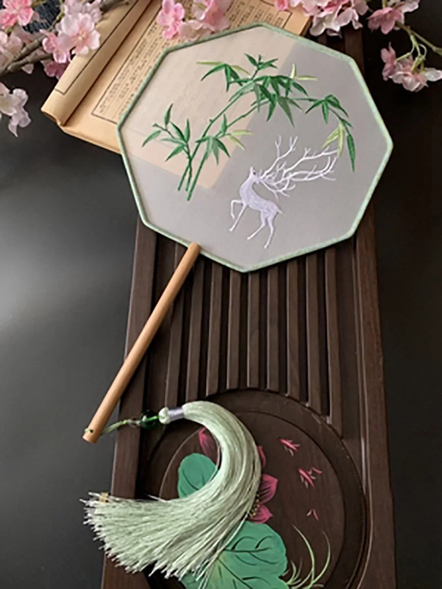 Chinese Traditional Art Embroidery Wooden Hand Fan Classical Ancient Dance Costume Han Fu Cheongsam with Long Handle Tassel