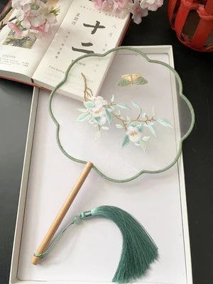 Chinese Traditional Art Embroidery Wooden Hand Fan Classical Ancient Dance Costume Han Fu Cheongsam with Long Handle Tassel