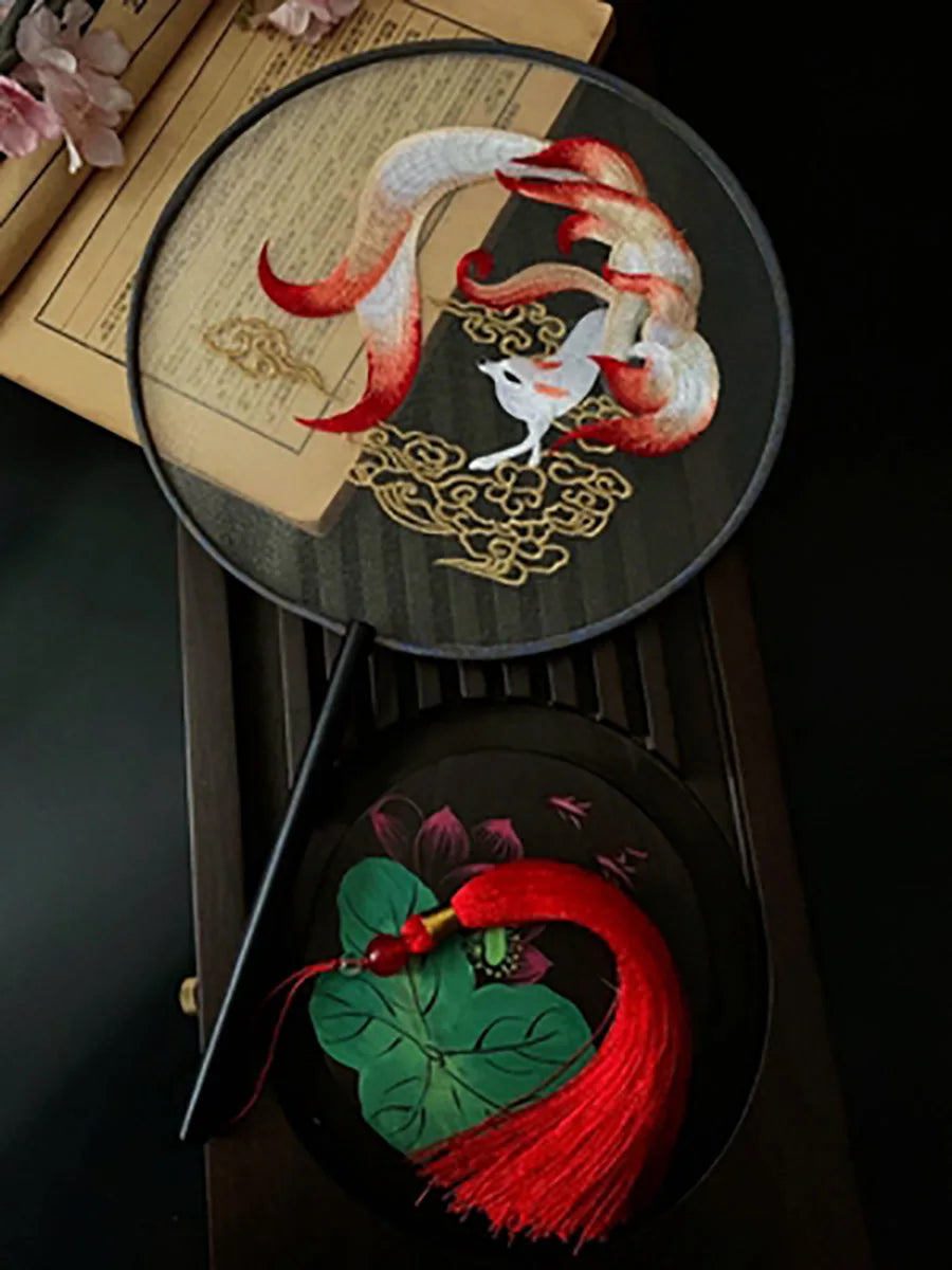 Chinese Traditional Art Embroidery Wooden Hand Fan Classical Ancient Dance Costume Han Fu Cheongsam with Long Handle Tassel