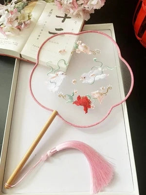 Chinese Traditional Art Embroidery Wooden Hand Fan Classical Ancient Dance Costume Han Fu Cheongsam with Long Handle Tassel