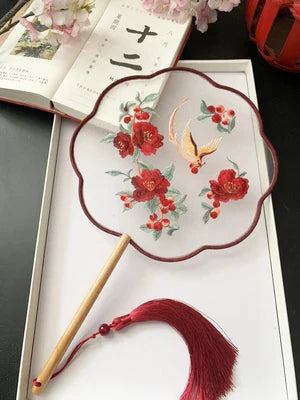 Chinese Traditional Art Embroidery Wooden Hand Fan Classical Ancient Dance Costume Han Fu Cheongsam with Long Handle Tassel
