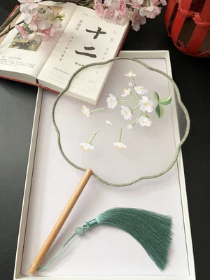Chinese Traditional Art Embroidery Wooden Hand Fan Classical Ancient Dance Costume Han Fu Cheongsam with Long Handle Tassel