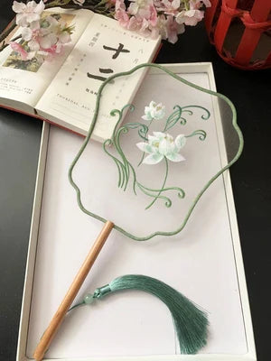 Chinese Traditional Art Embroidery Wooden Hand Fan Classical Ancient Dance Costume Han Fu Cheongsam with Long Handle Tassel