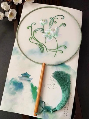 Chinese Traditional Art Embroidery Wooden Hand Fan Classical Ancient Dance Costume Han Fu Cheongsam with Long Handle Tassel