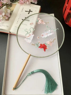 Chinese Traditional Art Embroidery Wooden Hand Fan Classical Ancient Dance Costume Han Fu Cheongsam with Long Handle Tassel