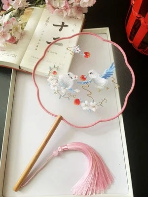 Chinese Traditional Art Embroidery Wooden Hand Fan Classical Ancient Dance Costume Han Fu Cheongsam with Long Handle Tassel