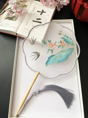 Chinese Traditional Art Embroidery Wooden Hand Fan Classical Ancient Dance Costume Han Fu Cheongsam with Long Handle Tassel