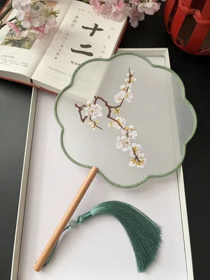 Chinese Traditional Art Embroidery Wooden Hand Fan Classical Ancient Dance Costume Han Fu Cheongsam with Long Handle Tassel