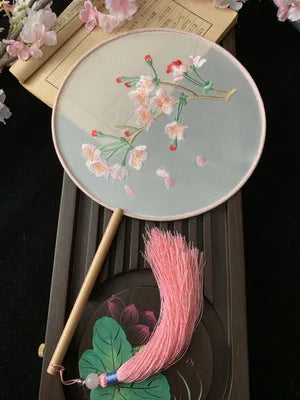 Chinese Traditional Art Embroidery Wooden Hand Fan Classical Ancient Dance Costume Han Fu Cheongsam with Long Handle Tassel