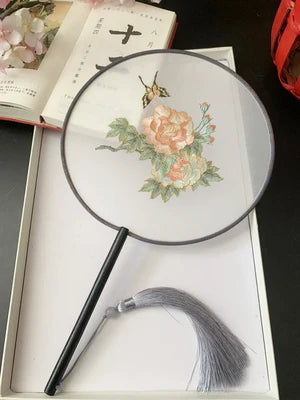 Chinese Traditional Art Embroidery Wooden Hand Fan Classical Ancient Dance Costume Han Fu Cheongsam with Long Handle Tassel