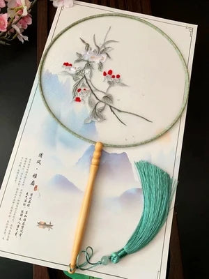Chinese Traditional Art Embroidery Wooden Hand Fan Classical Ancient Dance Costume Han Fu Cheongsam with Long Handle Tassel