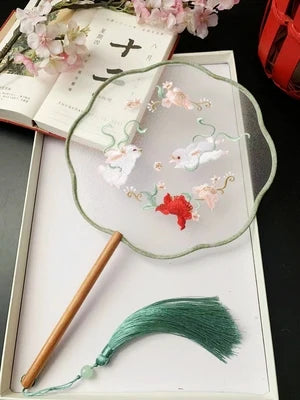 Chinese Traditional Art Embroidery Wooden Hand Fan Classical Ancient Dance Costume Han Fu Cheongsam with Long Handle Tassel