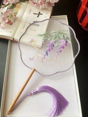 Chinese Traditional Art Embroidery Wooden Hand Fan Classical Ancient Dance Costume Han Fu Cheongsam with Long Handle Tassel