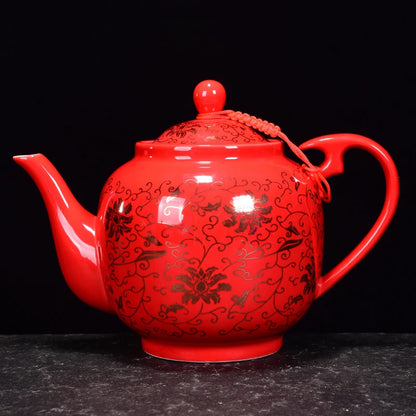 Chinese Traditional Red Ceramic Teapot, Tea Infuser, Dragon and Phoenix Pattern, Porcelain Teaware, Tea Kettle, Gift, 585 ml