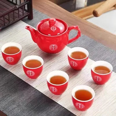 Chinese Traditional Red Porcelain Tea Pot Set, Teacup, Boutique Teaware, Wedding Accessories