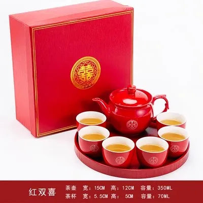 Chinese Traditional Red Porcelain Tea Pot Set, Teacup, Boutique Teaware, Wedding Accessories