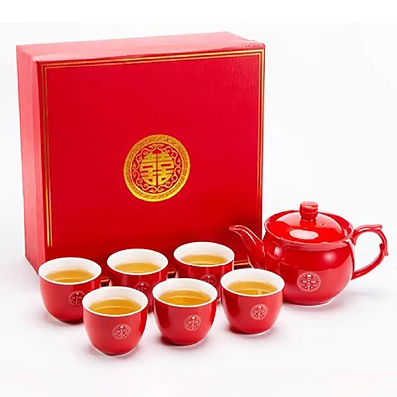 Chinese Traditional Red Porcelain Tea Pot Set, Teacup, Boutique Teaware, Wedding Accessories