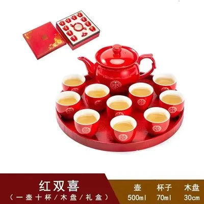 Chinese Traditional Red Porcelain Tea Pot Set, Teacup, Boutique Teaware, Wedding Accessories