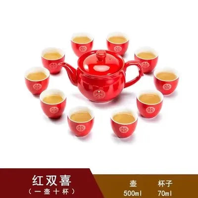 Chinese Traditional Red Porcelain Tea Pot Set, Teacup, Boutique Teaware, Wedding Accessories