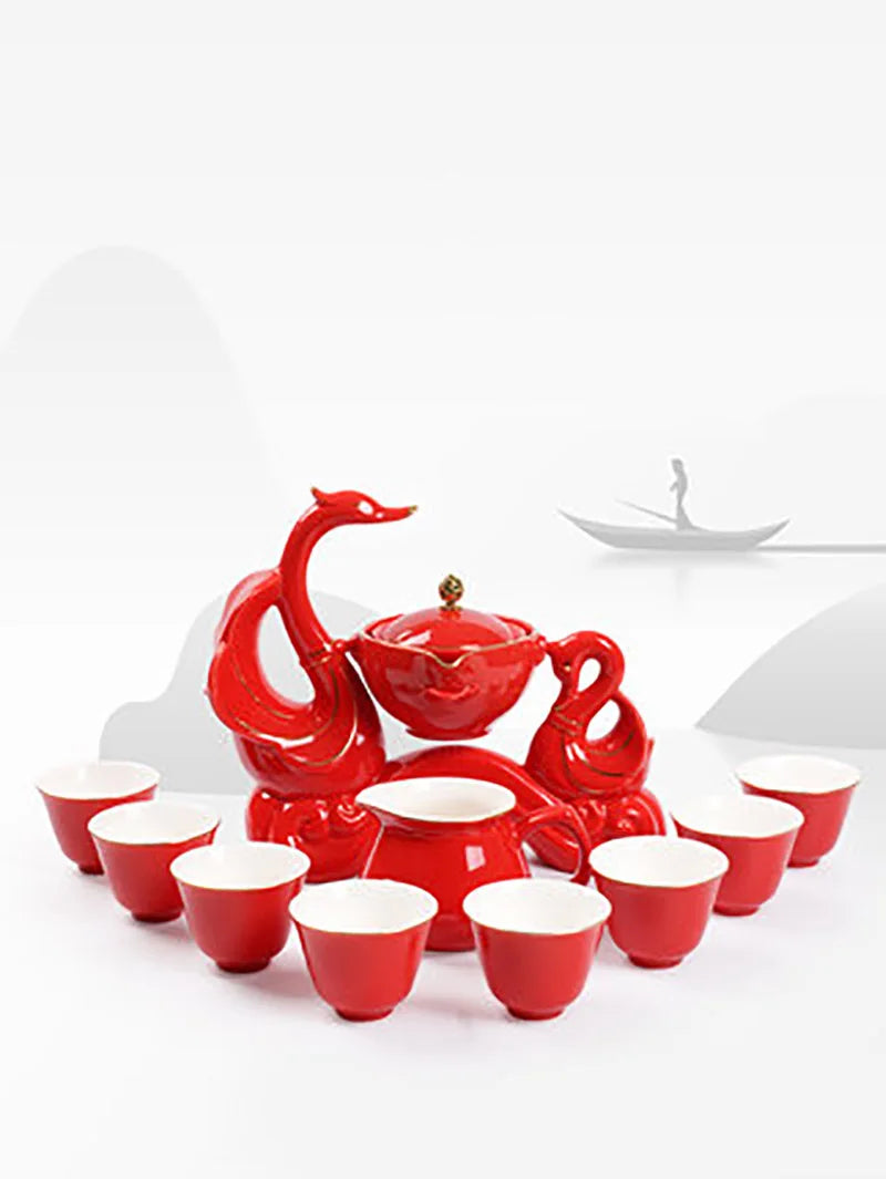 Chinese Traditional Red Wedding Automatic Kung Fu Tea Set Semi-automatic Office Tea Set Creative Lazy Ceramic Teapot Cup Teaware