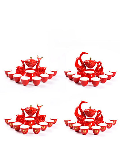 Chinese Traditional Red Wedding Automatic Kung Fu Tea Set Semi-automatic Office Tea Set Creative Lazy Ceramic Teapot Cup Teaware