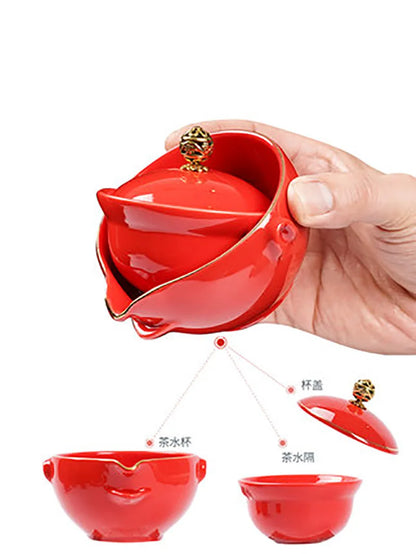 Chinese Traditional Red Wedding Automatic Kung Fu Tea Set Semi-automatic Office Tea Set Creative Lazy Ceramic Teapot Cup Teaware